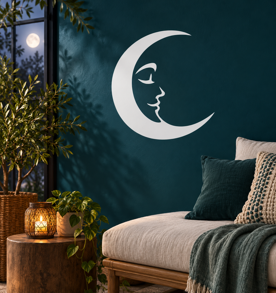 Moon face vinyl decal: white crescent with gentle profile outline