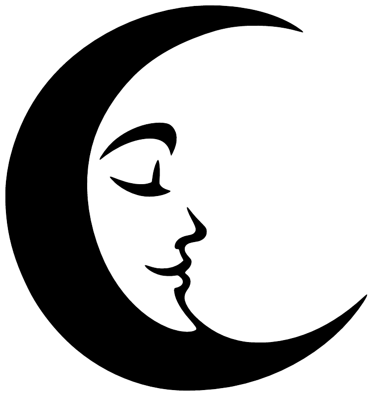 Crescent moon face vinyl decal, black-and-white silhouette with small swirl details