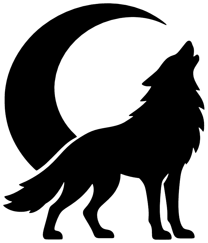 Vinyl decal close-up: black wolf howling under crescent moon