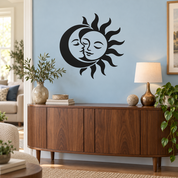 Moon and sun vinyl decal: black embracing sun and moon faces with rays