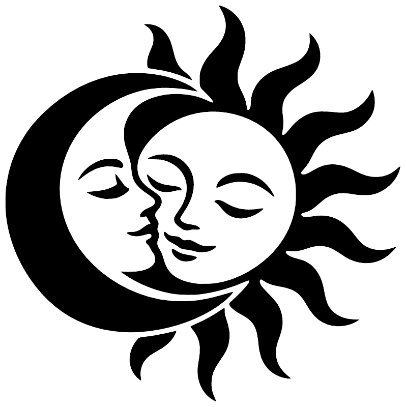 Moon and sun vinyl decal close-up: black sun face and moon crescent with flames