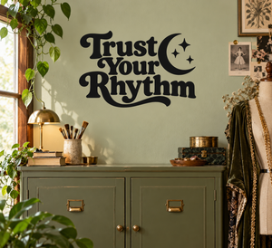 Trust Your Rhythm vinyl wall decal with moon and sparkle icons, black lettering