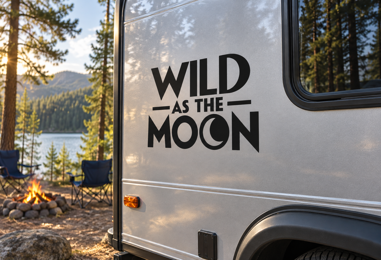 Vinyl decal with bold black “Wild as the Moon” lettering on vehicle door