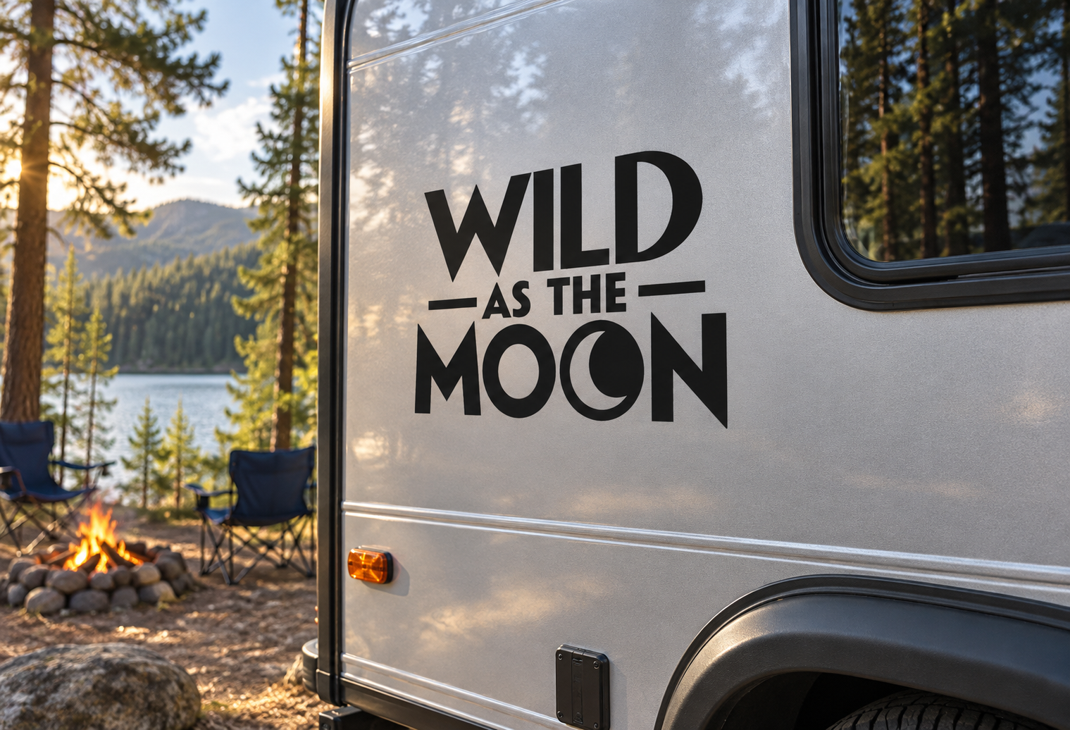 Vinyl decal with bold black “Wild as the Moon” lettering on vehicle door