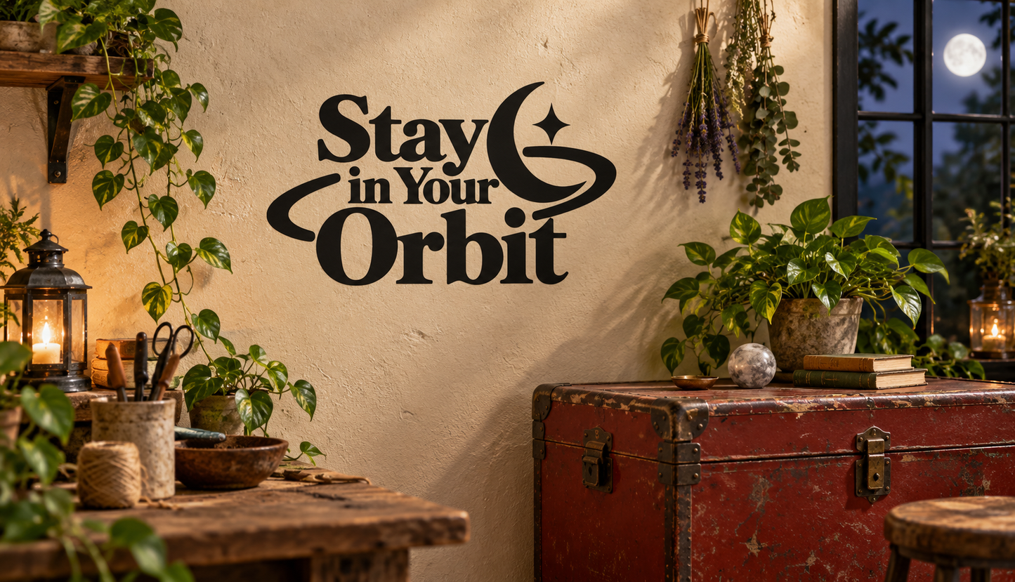 Stay in Your Orbit vinyl decal with moon and star graphic on a wall