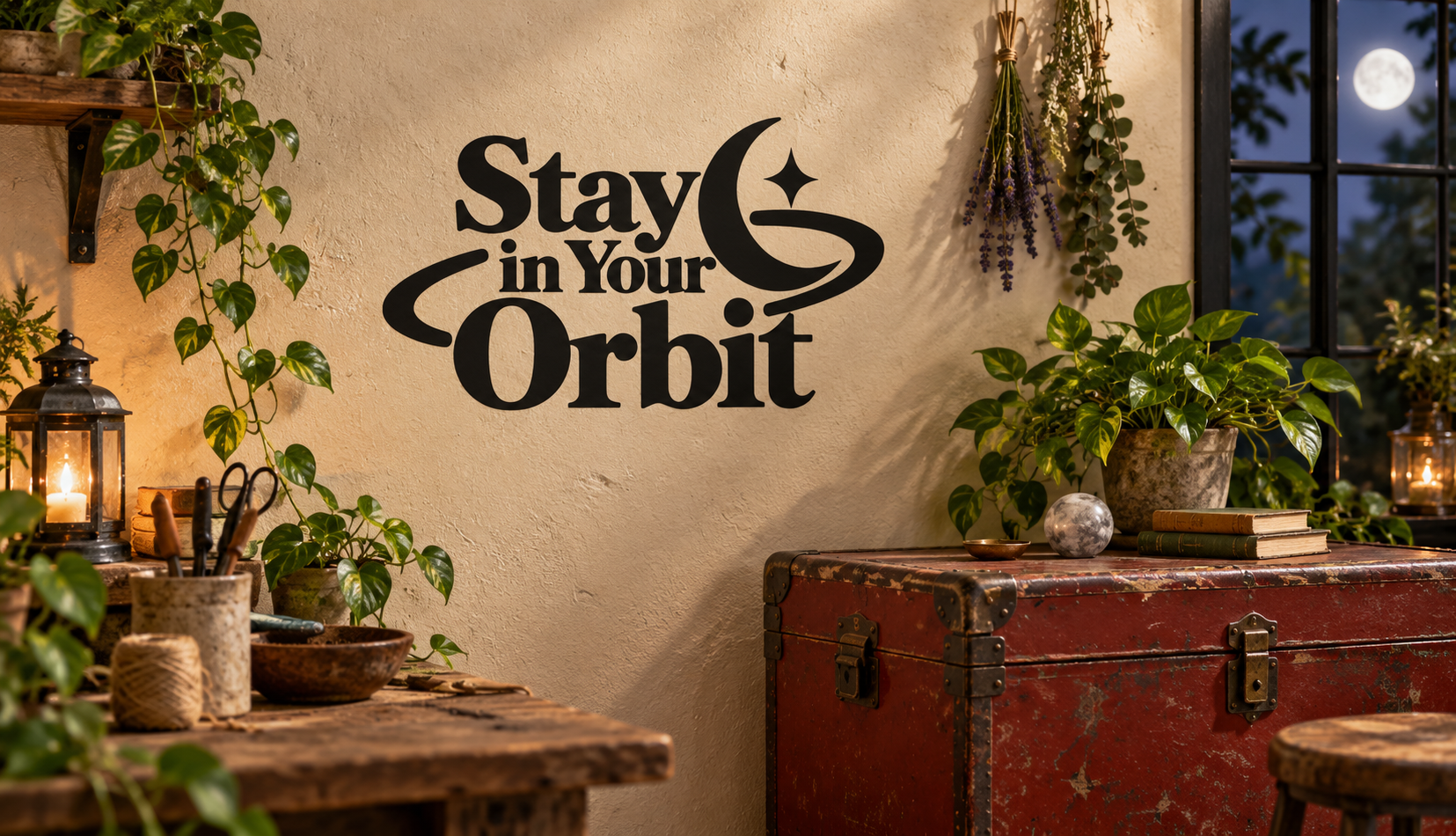 Stay in Your Orbit vinyl decal with moon and star graphic on a wall