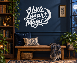 Vinyl wall decal with white “A Little Lunar Magic” script and crescent moon