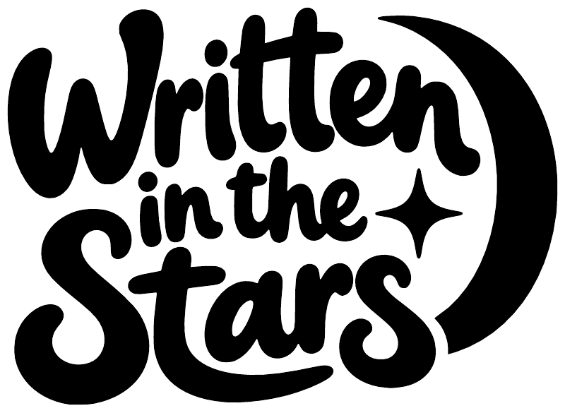 Black "Written in the Stars" vinyl decal with crescent moon and star