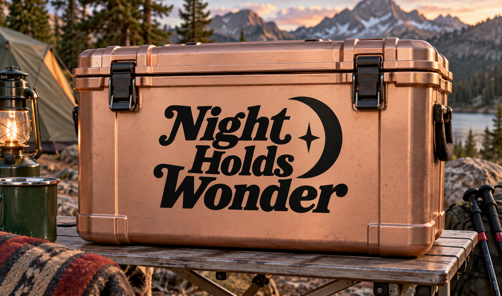 Night Holds Wonder vinyl decal with crescent star and bold black text on tan surface