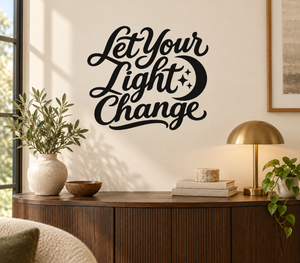 Vinyl wall decal with script “Let Your Light Change” and crescent moon with stars