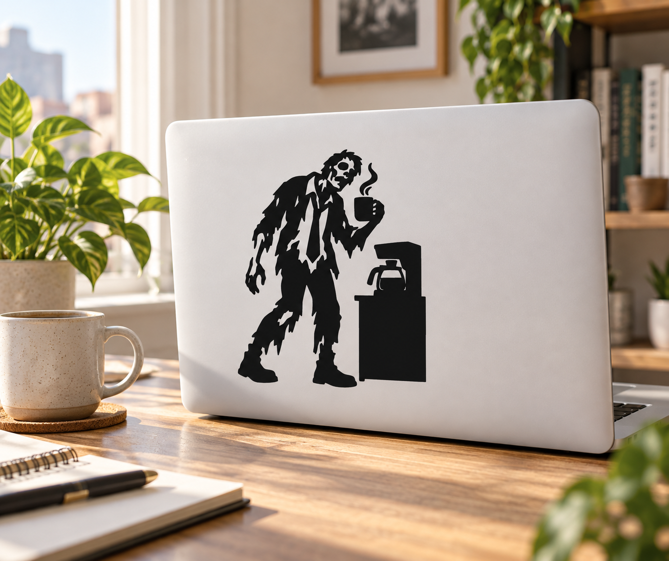 Zombie coffee break vinyl decal: black zombie with coffee pot and steam cup on laptop