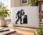 Zombie coffee break vinyl decal: black zombie with coffee pot and steam cup on laptop