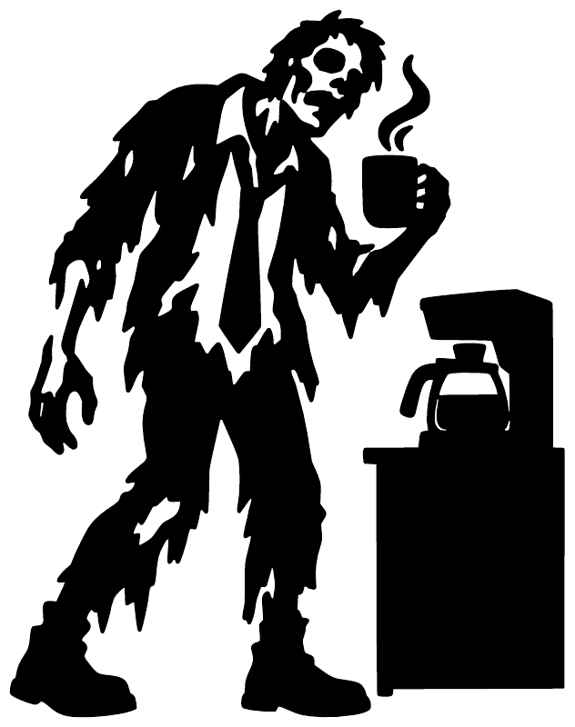 Zombie coffee break vinyl decal close-up: black zombie holding mug with coffee pot