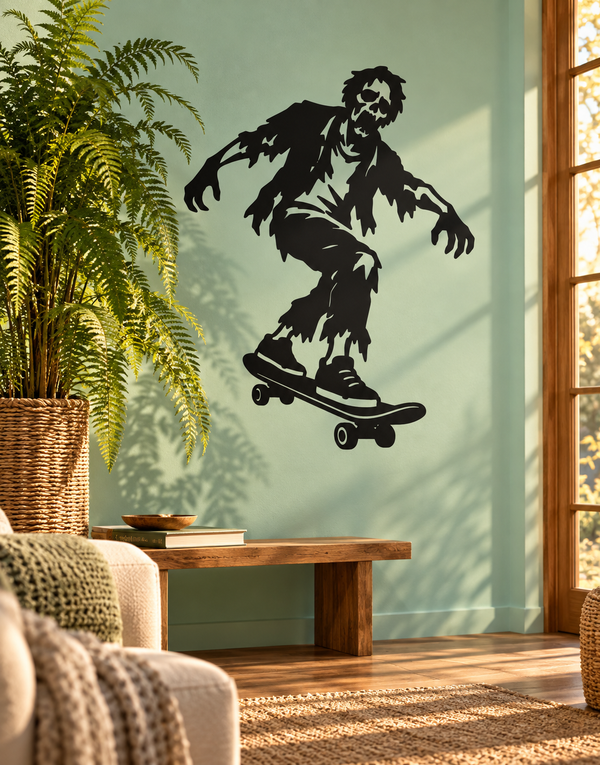 Black zombie skateboard vinyl decal silhouette for wall or window.