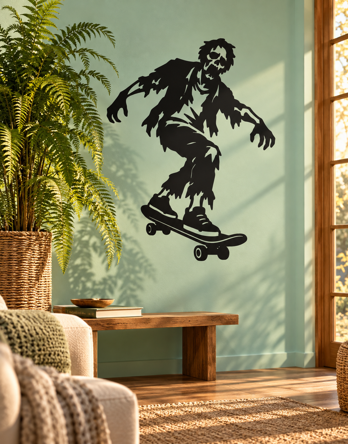 Black zombie skateboard vinyl decal silhouette for wall or window.
