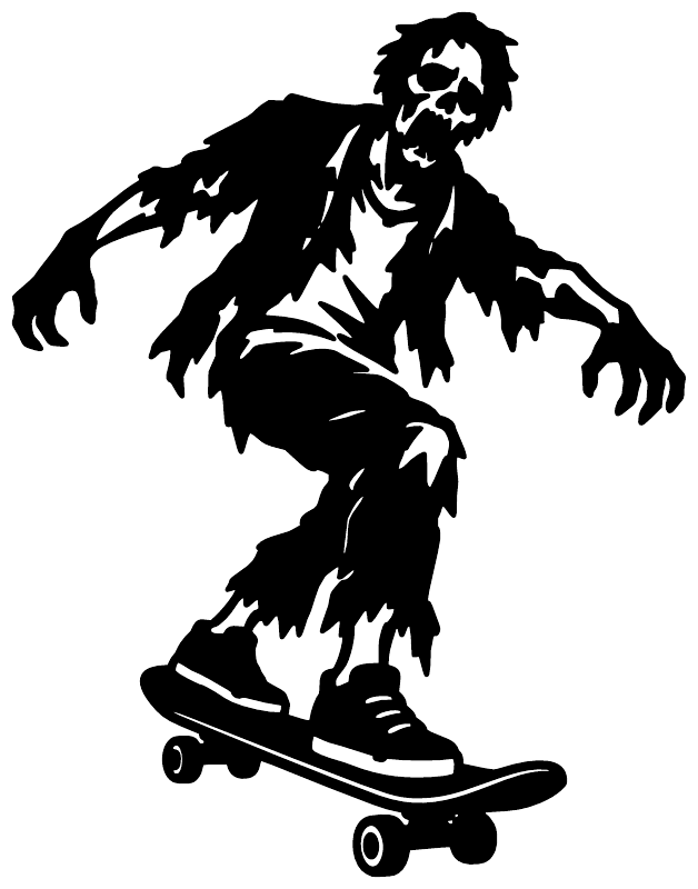 Black zombie skateboard vinyl decal on white background, large detailed silhouette.
