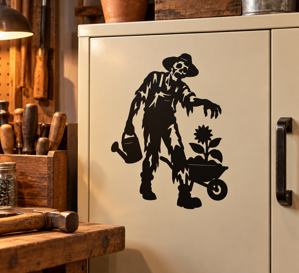 Black zombie gardening vinyl decal with wheelbarrow and spade, on a cabinet door