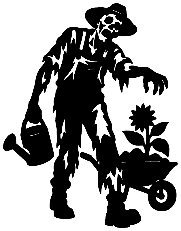 Black zombie gardening vinyl decal: zombie planter with wheelbarrow and flowers