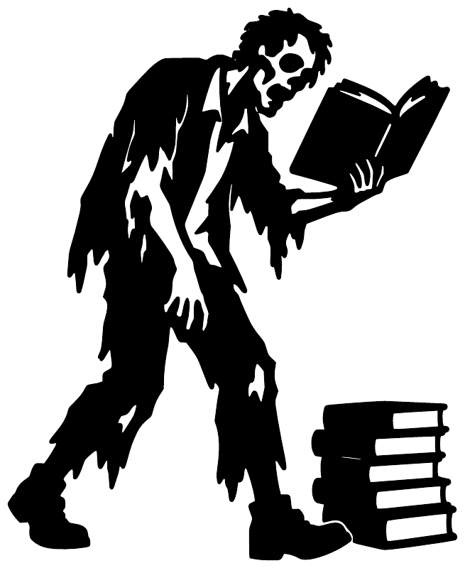 Black zombie bookworm vinyl decal silhouette holding an open book with stacked books at side