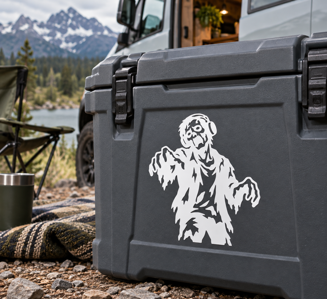 Zombie vinyl decal featuring white cartoon zombie head on dark rectangular surface