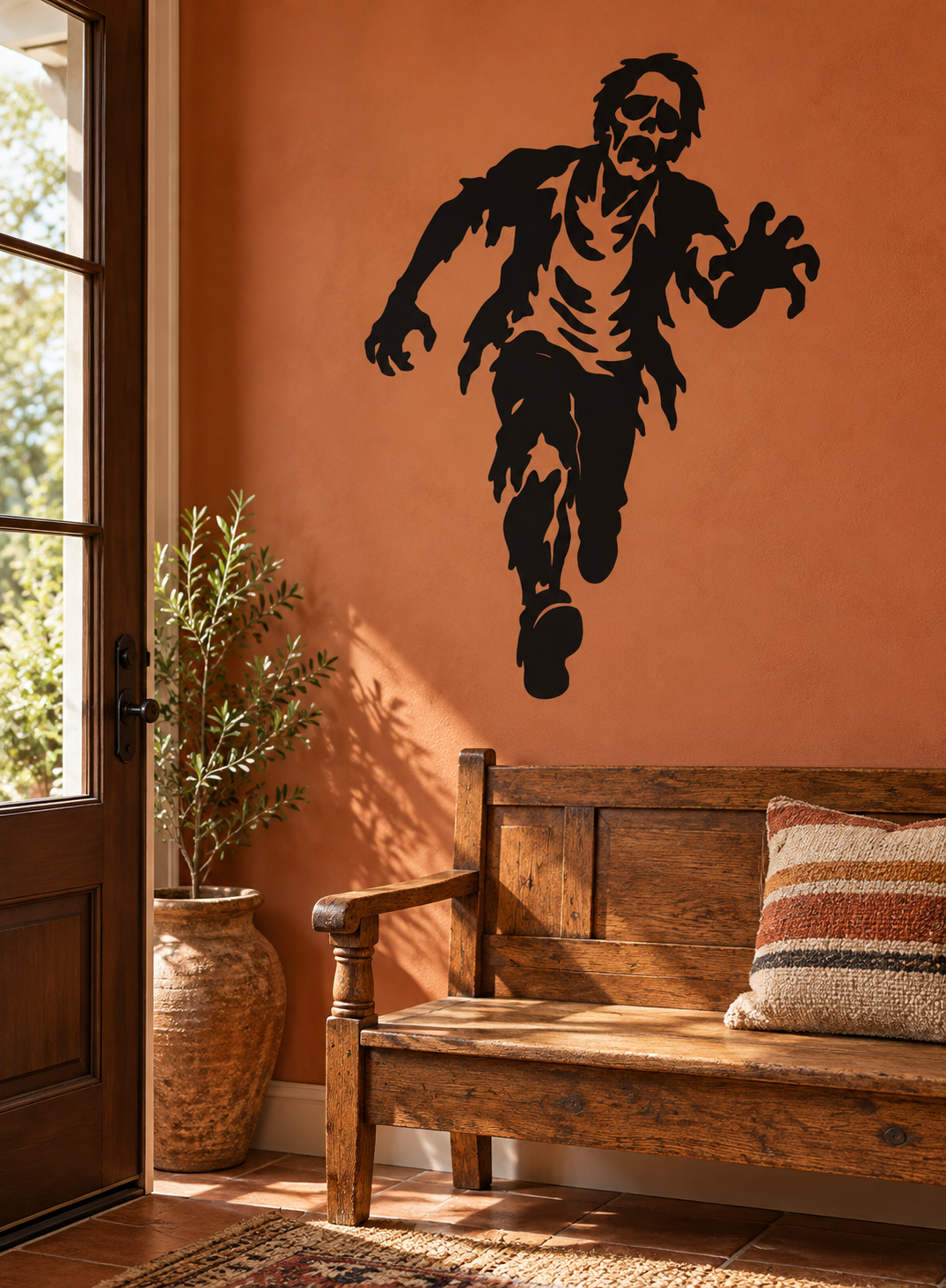 Zombie runner vinyl decal, black silhouette on wall