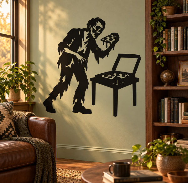 Zombie pizza night vinyl decal showing black zombie holding pizza over pizza-slice chair.