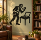 Zombie pizza night vinyl decal showing black zombie holding pizza over pizza-slice chair.