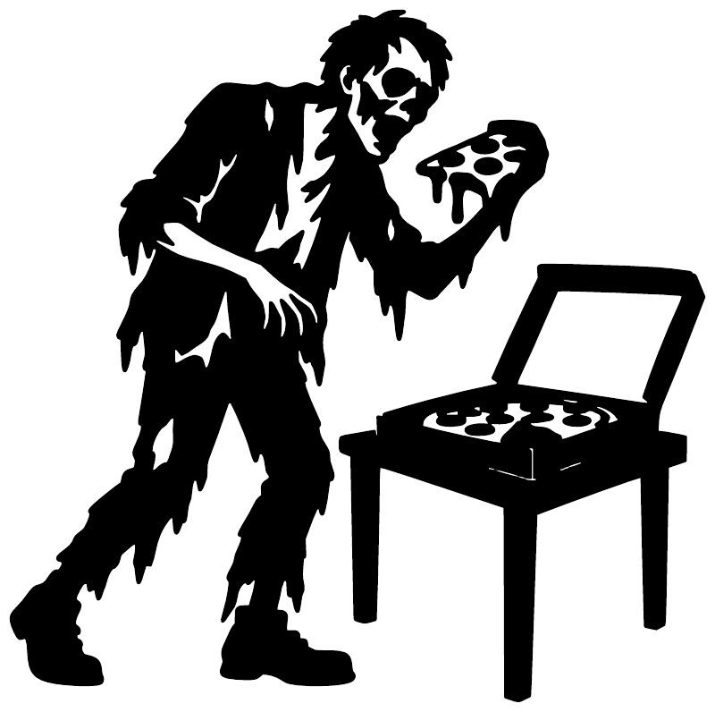 Black zombie and pizza-slice chair vinyl decal, bold silhouette wall sticker.