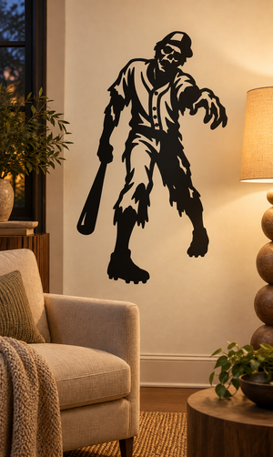 Zombie baseball player vinyl decal showing a hooded figure holding a bat