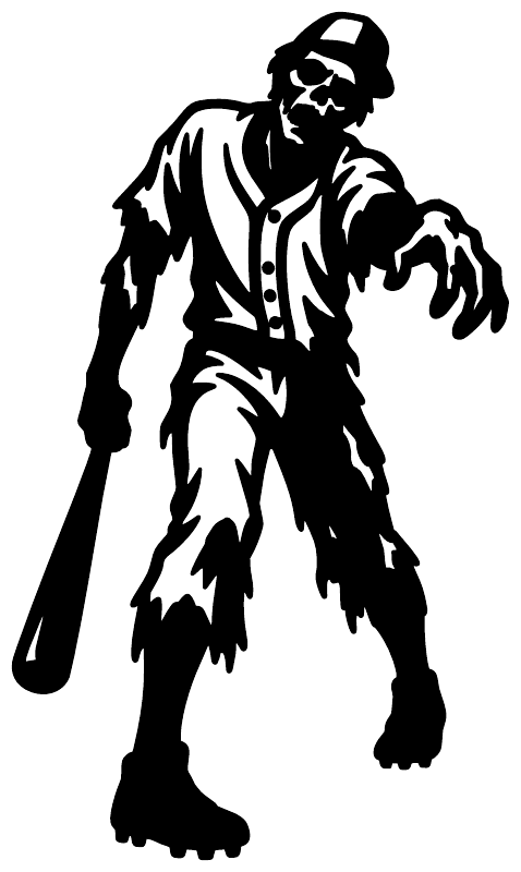 Zombie baseball player vinyl decal, black cutout of a zombie with a baseball bat