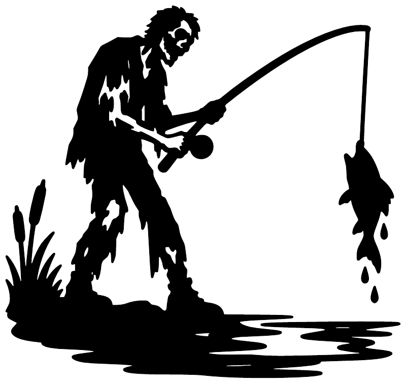 Zombie Fishing Day vinyl decal, black zombie fishing silhouette with rod, hook, and splash.