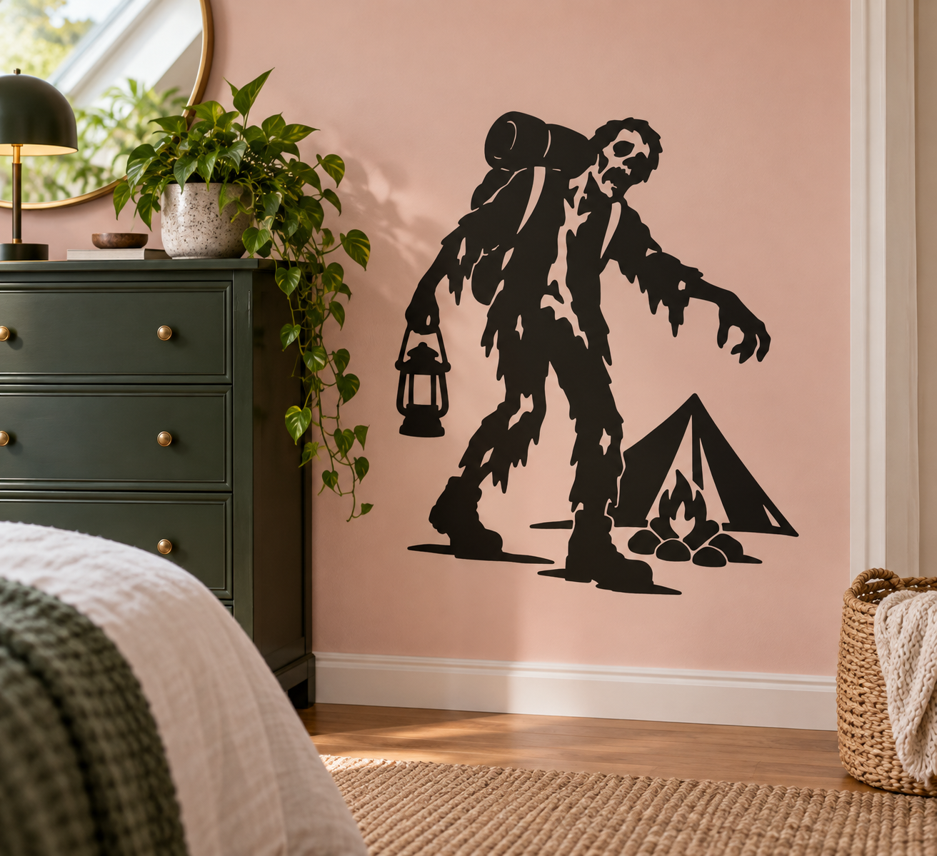 Zombie camper vinyl decal featuring a zombie holding a lantern beside a tent and campfire