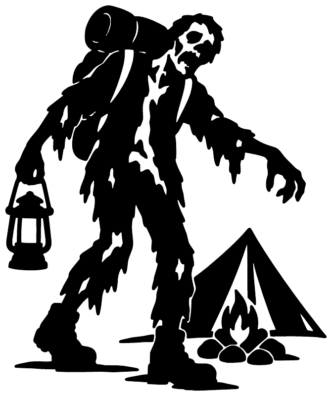 Zombie camper vinyl decal silhouette: zombie with lantern, tent, and campfire flames