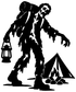 Zombie camper vinyl decal silhouette: zombie with lantern, tent, and campfire flames