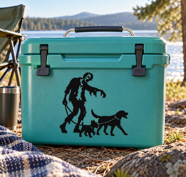 Zombie dog walker vinyl decal, black silhouette of a zombie with leashed dogs