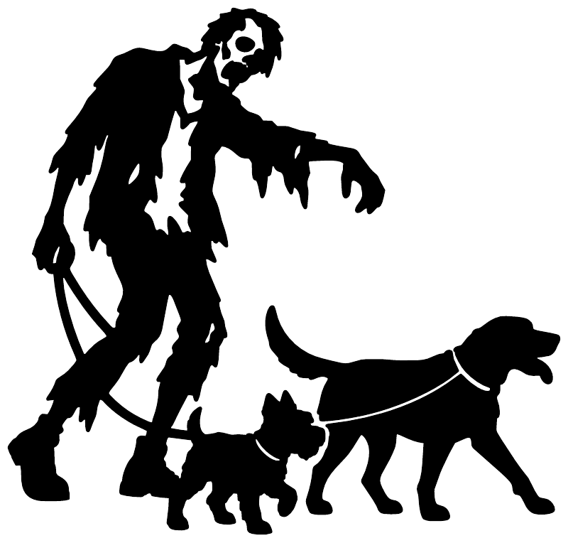 Zombie dog walker vinyl decal, black silhouette of zombie holding leashes with dogs
