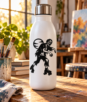 Zombie roller skater vinyl decal: black zombie on skates with moon icon