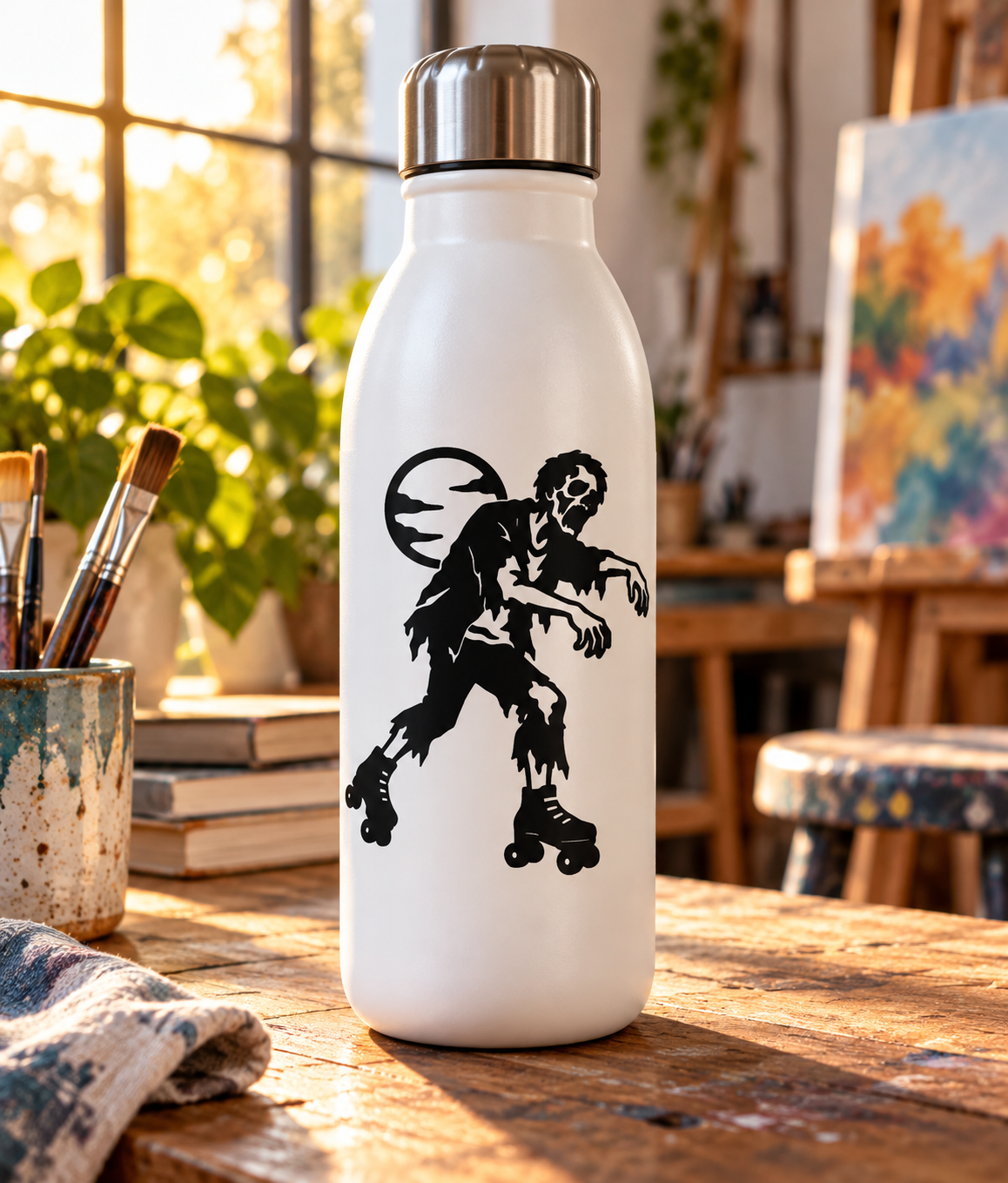 Zombie roller skater vinyl decal: black zombie on skates with moon icon