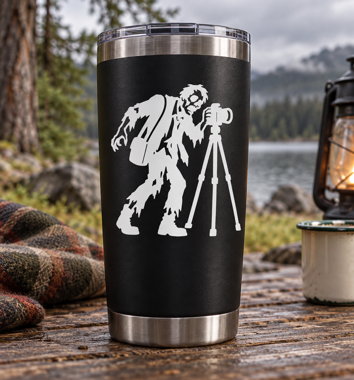 Zombie photographer vinyl decal: zombie with camera on tripod, white design on black.