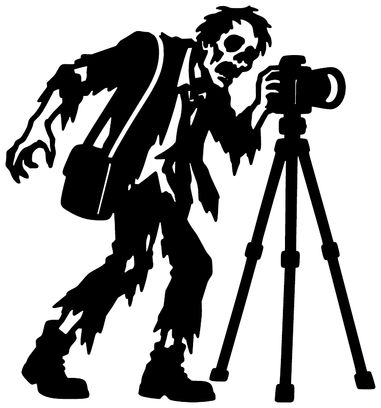 Zombie photographer decal graphic: zombie cameraman with tripod, white silhouette on black.