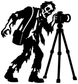 Zombie photographer decal graphic: zombie cameraman with tripod, white silhouette on black.
