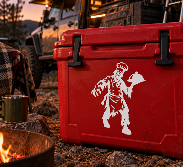 Red cooler with white zombie chef vinyl decal featuring a cartoon zombie chef