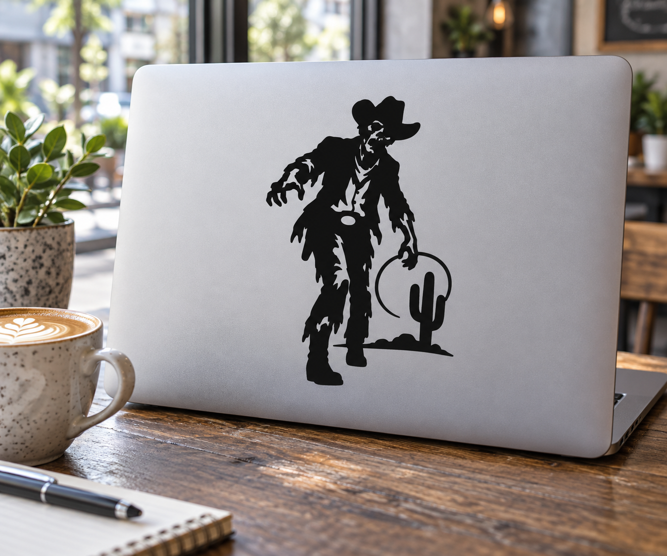 Black zombie cowboy vinyl decal on light laptop lid