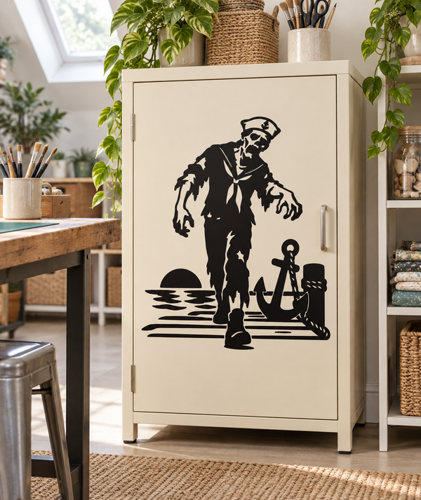Zombie sailor vinyl decal of a bearded undead captain holding an anchor