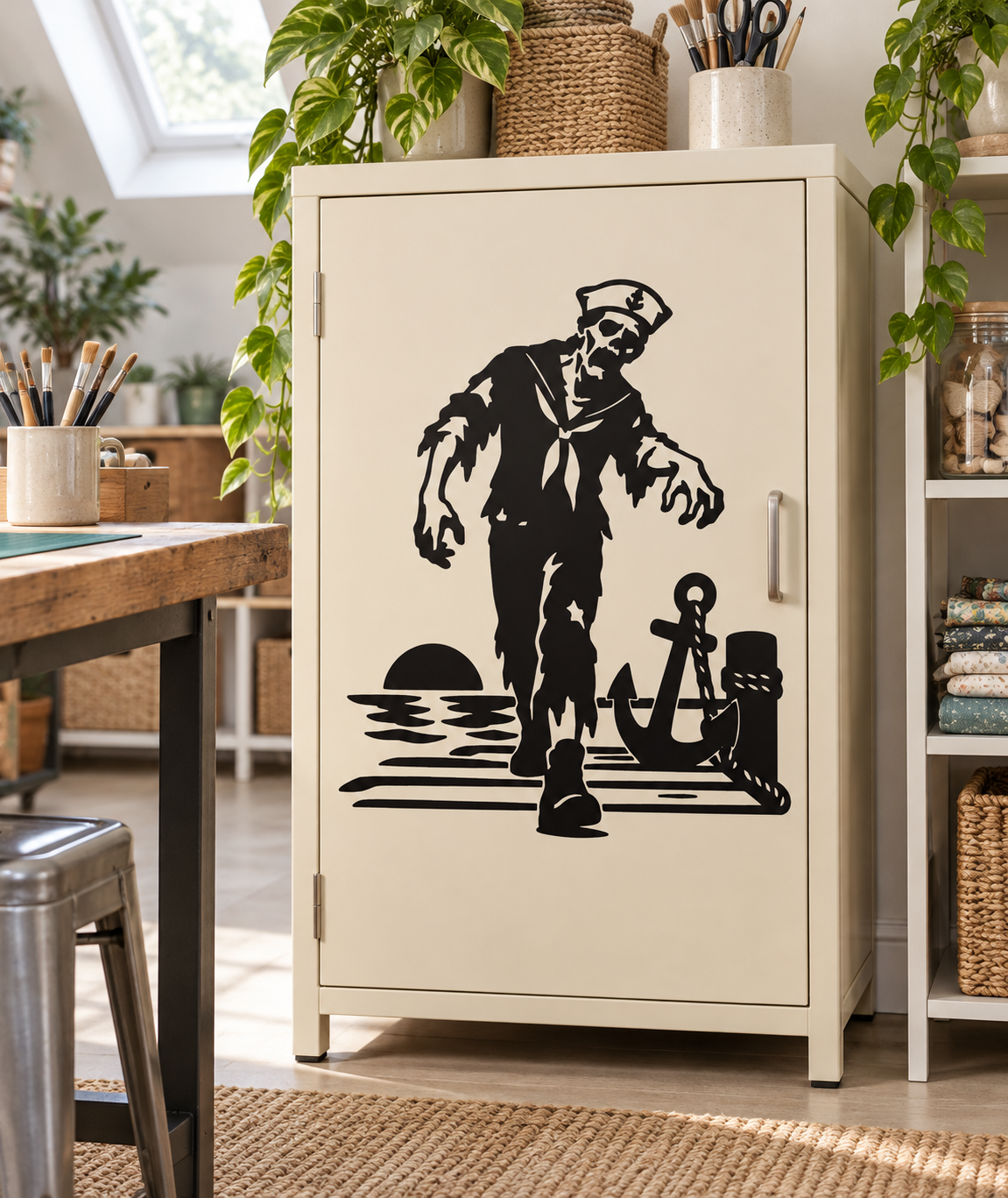 Zombie sailor vinyl decal of a bearded undead captain holding an anchor