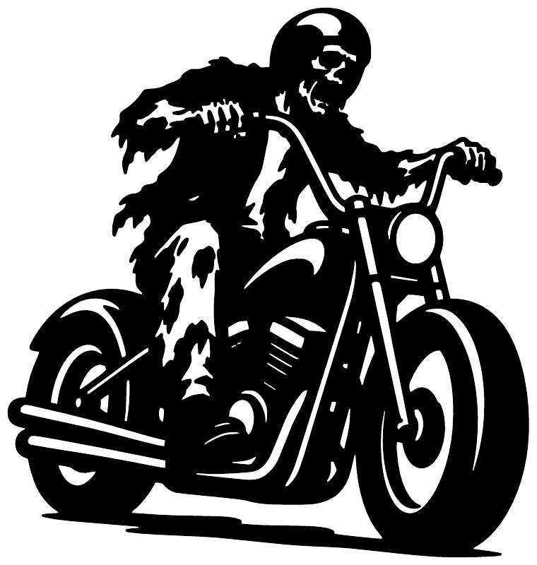 Black zombie motorcycle rider vinyl decal, rider on chopper-style bike silhouette