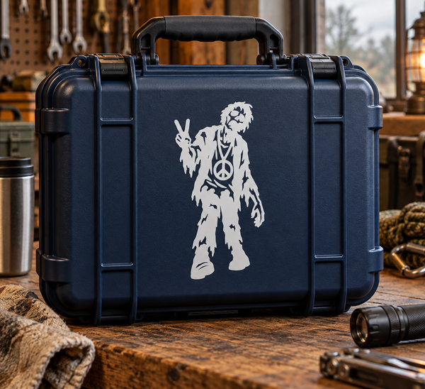 White zombie peace portrait vinyl decal on dark blue surface