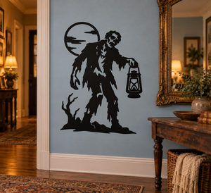 Zombie lantern vinyl decal: zombie holding a hanging lantern, black silhouette