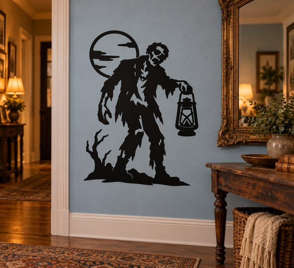Zombie lantern vinyl decal: zombie holding a hanging lantern, black silhouette
