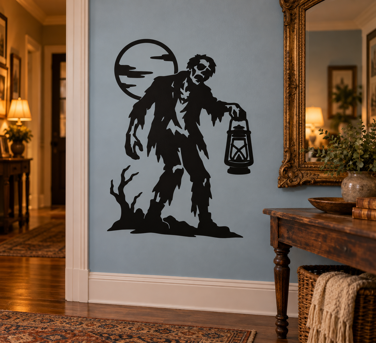 Zombie lantern vinyl decal: zombie holding a hanging lantern, black silhouette